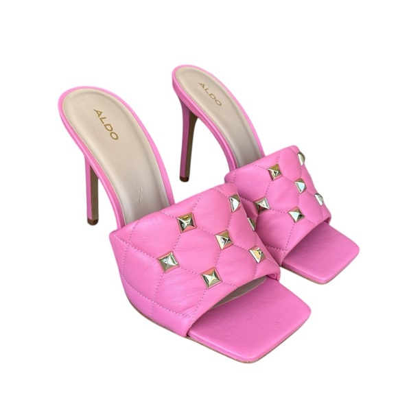 Aldo Saesa Pink Studded Square Toe Leather Heeled Sandals - Picture 2 of 10